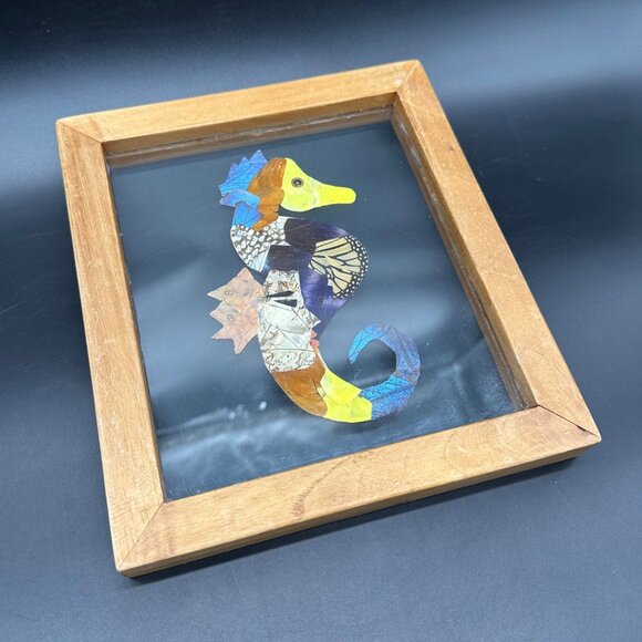 Seahorse Butterfly Wing Art Wooden Frame Belize Nautical Ocean Beach Decor - Picture 1 of 10